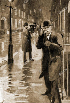 Illustration of David Edward Hughes walking Great Portland Street with his receiver