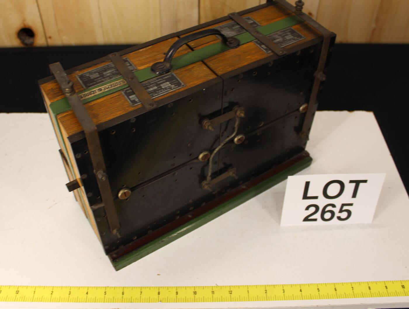 Alternate full exterior view of the Dubilier condenser battery with measuring tape and lot card visible.