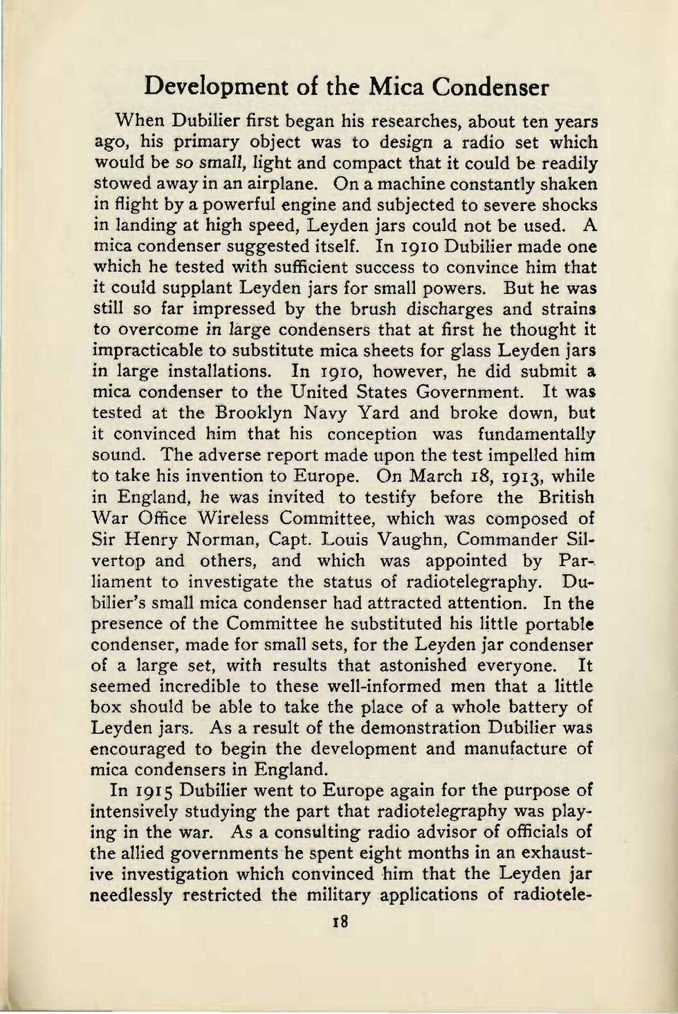 Text page 18 of The Wonderful Achievements of Radiotelegraphy in War and Peace beginning Development of the Mica Condenser