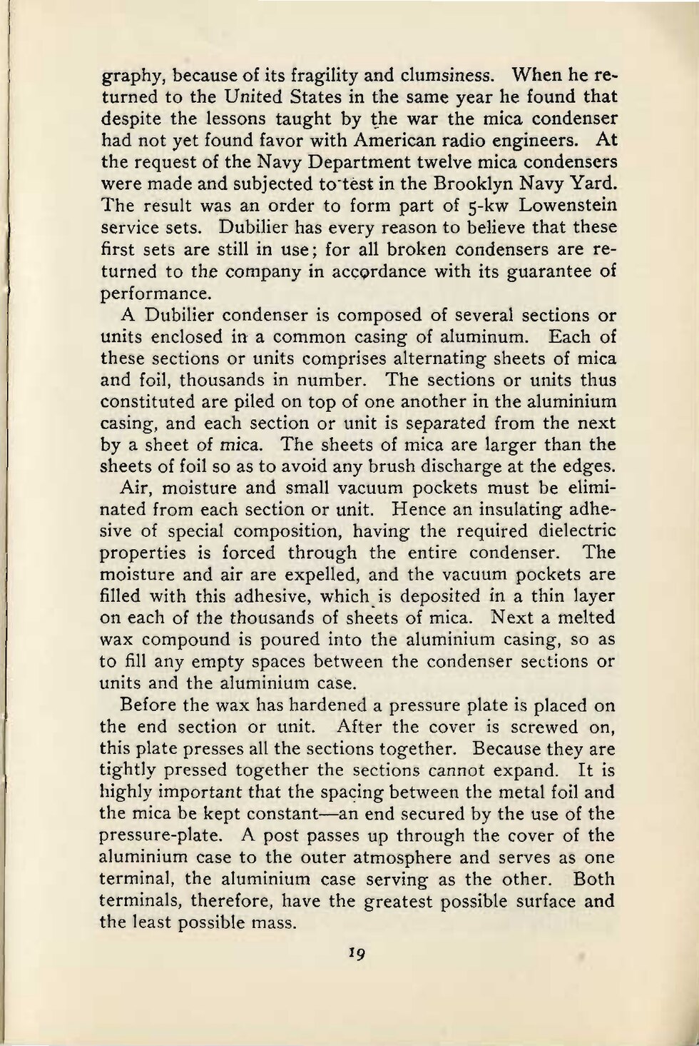 Text page 19 of The Wonderful Achievements of Radiotelegraphy in War and Peace describing mica and foil condenser construction