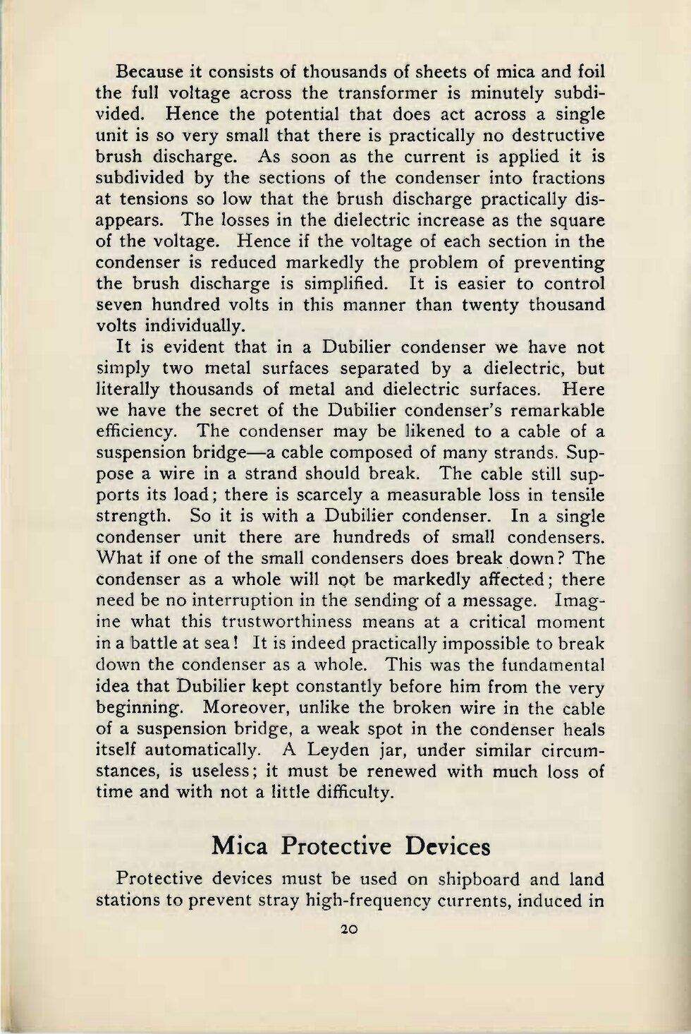 Text page 20 of The Wonderful Achievements of Radiotelegraphy in War and Peace explaining voltage subdivision and self-healing claims