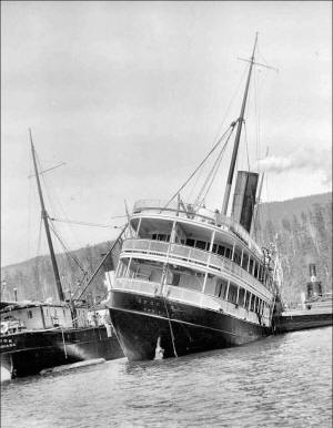 Raising the SS Spokane at Plumper Bay, listing c1915