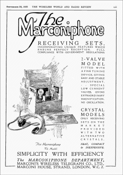 Click to view the 1st Marconiphone V2 advertisement in Wireless World magazine Sept. 30, 1922 issue.